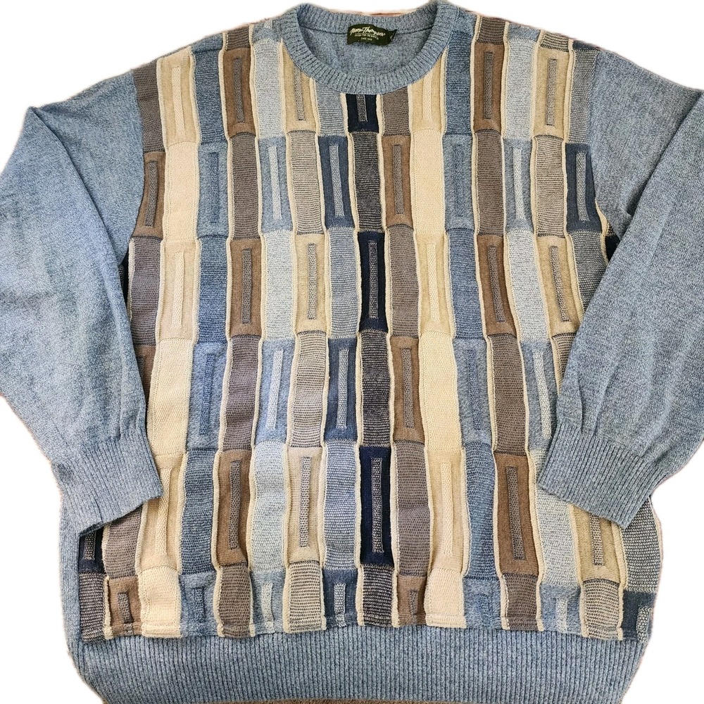 Norm‎ Thompson XL 3D Knit Sweater Blue Beige Geometric Coogi Style Vintage